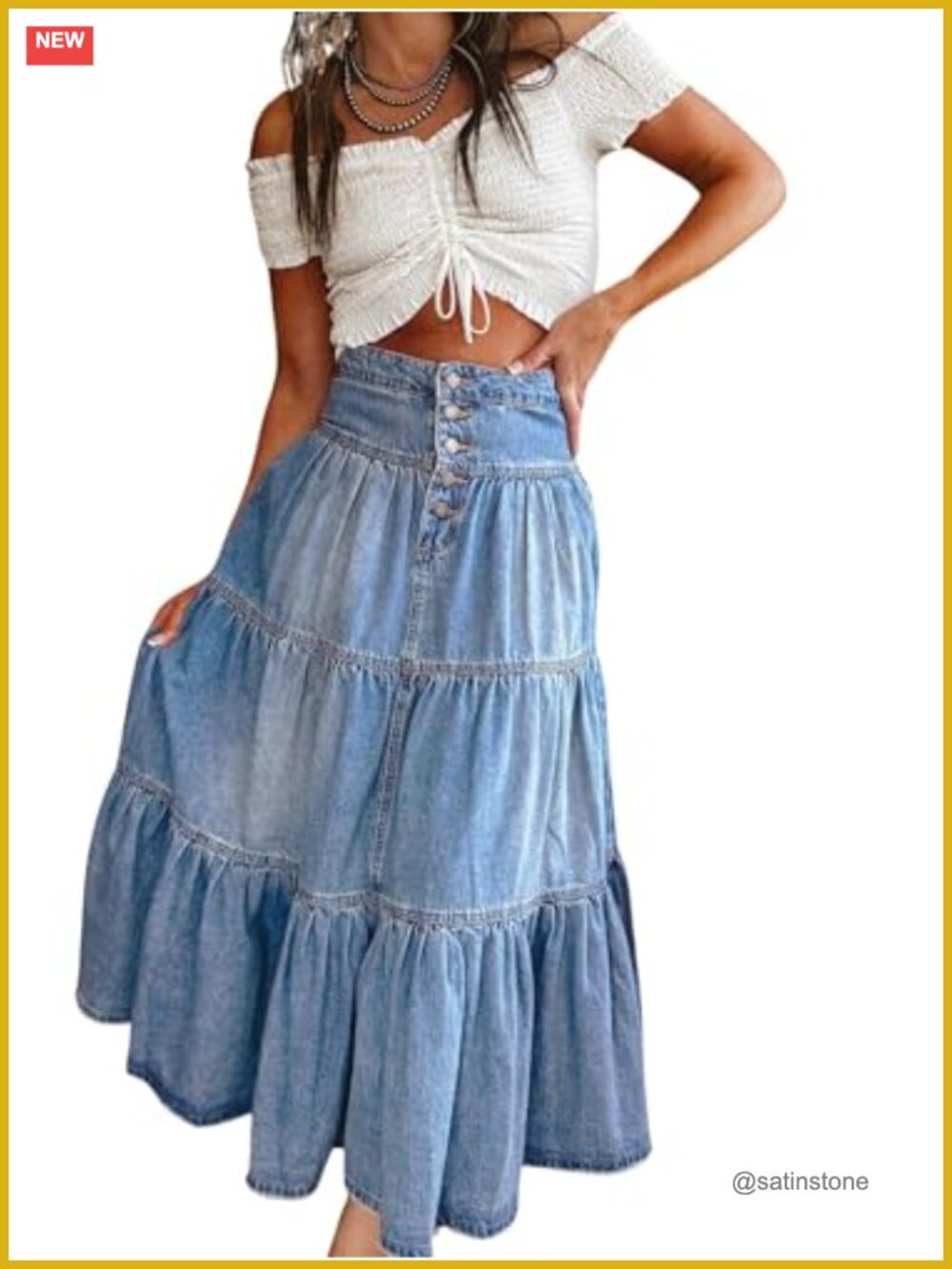 High Waist Denim Maxi Skirt Button-Fly Tiered Ruffle A-Line with Pockets